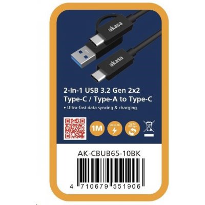 Akasa AK-CBUB65-10BK USB 3.2 Gen 2x2 Type-C / Type-A na Type-C, 20G, 1m – Hledejceny.cz