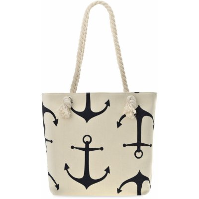 Plátěná plážová taška s šňůrkami boho námořní velká městská kabelka shopper na pláž nakupy na léto kotvy krémová – Zboží Mobilmania
