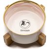 Miska, napáječka, zásobník Limaya keramická miska pro psy a kočky žíhaná bílo růžová se zlatým okrajem a dřevěným podstavcem 15,5 cm
