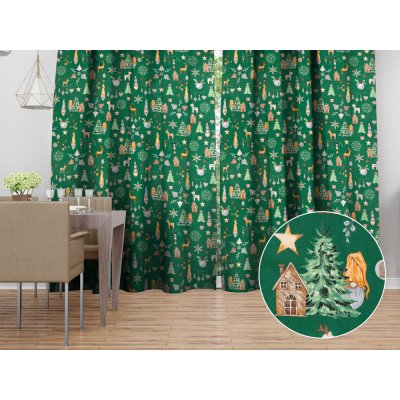 Biante Vánoční bavlněný závěs Sandra SA-508 Vánoční skřítci a ozdoby na zeleném 150x200 cm – Hledejceny.cz