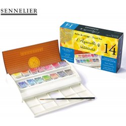 Sennelier sada akvarelových barev, 14 půlpánviček + štětec