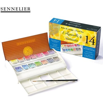 Sennelier sada akvarelových barev, 14 půlpánviček + štětec – Zboží Dáma