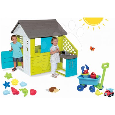 Smoby set domeček Pretty Blue a Écoiffier vozík na tahání a bábovičky 810703-23 – Sleviste.cz