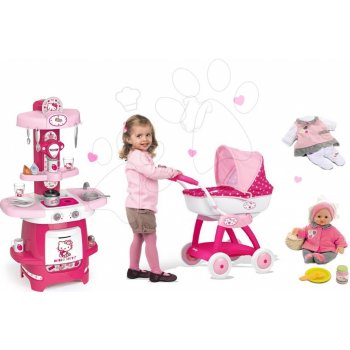 Smoby Set Hello Kitty hluboký 55 cm ručka kuchyňka Cook a panenka Baby Nurse se šatičky