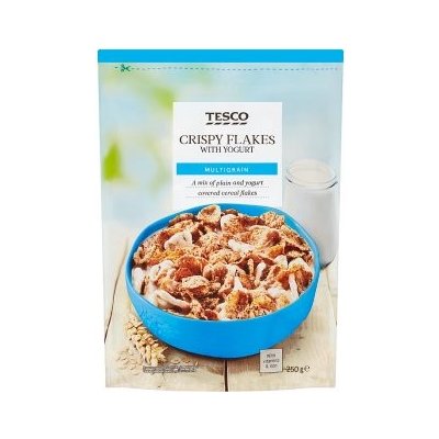 Tesco Zapékané celozrnné lupínky v cukrové polevě s celozrnnými lupínky v jogurtové polevě 250 g – Zboží Mobilmania