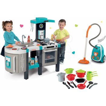 Smoby set tyrkysová kuchyňka Tefal French Touch se zvuky vysavač elektronický a hrnce a nádobí 100% Chef 311206-27