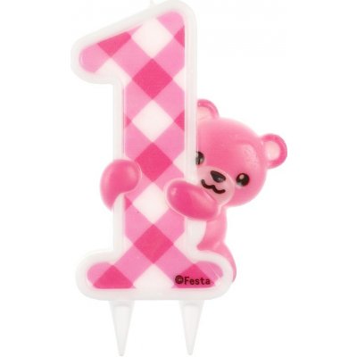 Dortová svíčka Jumbo číslo 1 růžová s medvídkem – Sleviste.cz