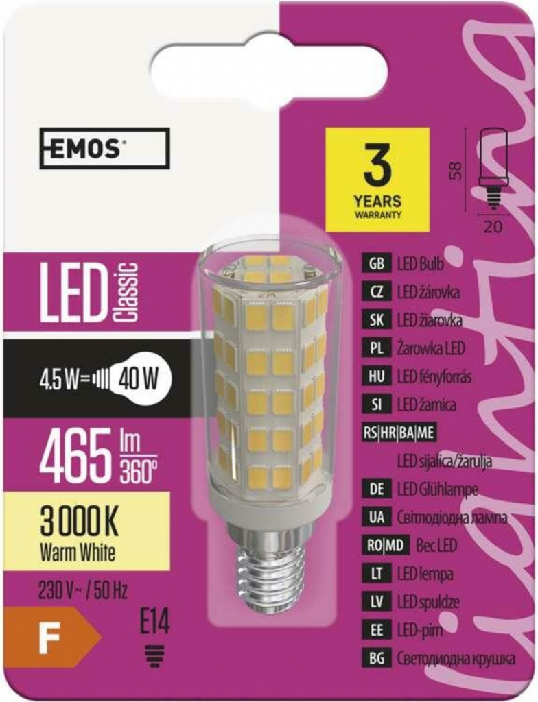 Emos LED žárovka Classic JC A++ 4,5W E14 teplá bílá