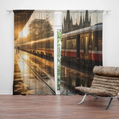 Sablio Závěs Vlak na nádraží při východu slunce: 2ks 140x250cm – Hledejceny.cz