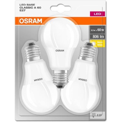 Osram BASE LED žárovka, A60, 8,5W, E27, 2700K 3 ks. – Zboží Mobilmania