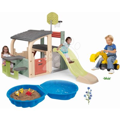 Smoby Set hrací centrum a pískoviště Mušle Multisport Fun Center Life se skluzavkou 150 cm a bagr se sedadlem – Zboží Dáma