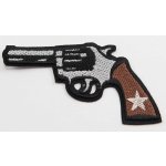 Nažehlovací záplata - kovbojský revolver - rozměr 8 cm x 4,5 cm - hnědá, stříbrná, černá – Zboží Mobilmania