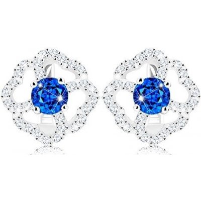 Šperky eshop stříbrné náušnice květ čiré zirkonové obrysy lupínků modrý střed R37.21