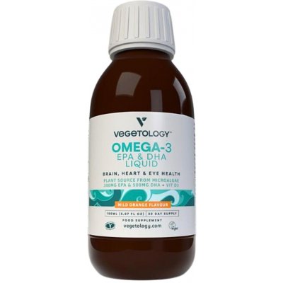 Vegetology | Tekutý Omega-3 EPA a DHA - Opti3 + vit. D3, pomeranč - 150 ml pomeranč, pro podporu zdraví srdce, mozku a zraku - 150 ml