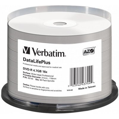 Verbatim DVD-R 4,7GB 16x, printable, cakebox, 50ks (43744) – Hledejceny.cz