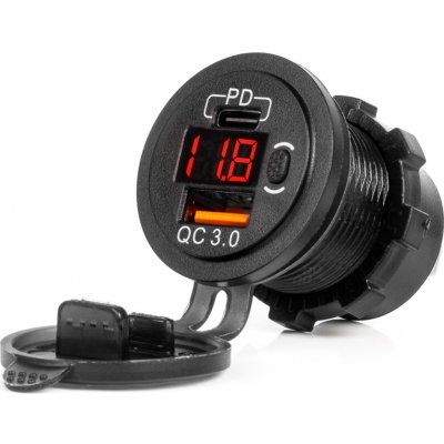 Nabíječka do auta USB + USB-C se spínačem a voltmetrem QC3.0 12/24V vodotěsná AMiO-04222, , , – Sleviste.cz
