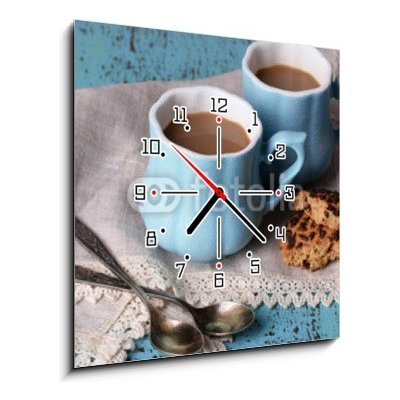 Obraz s hodinami 1D - 50 x 50 cm - Cups of coffee with cookies and napkin on wooden table Šálek kávy s cookies a ubrousek na dřevěném stole – Zboží Mobilmania