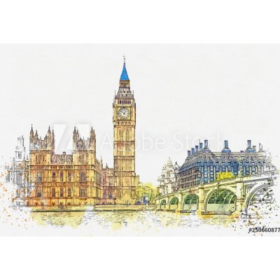 WEBLUX 250660877 Fototapeta vliesová Watercolor sketch or illustration of a beautiful view of the Big Ben and the Houses of Parliament in London in the UK Akvarel skica rozměry 145 x 100 cm – Zboží Mobilmania