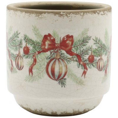 Béžový keramický květináč s vánočními ozdobami Christmas Bow & Bauble – Ø 10*10 cm - Chic Antique – Hledejceny.cz