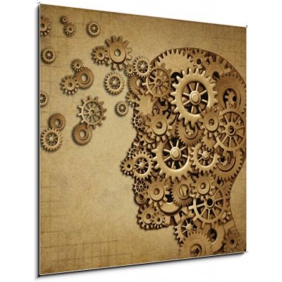 Skleněný obraz 1D - 50 x 50 cm - Human brain function grunge with gears Grunge lidské mozkové funkce s ozubenými koly – Zboží Mobilmania