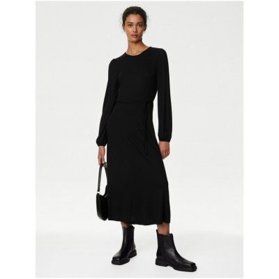 Marks & Spencer Květované žerzejové neformální midi šaty s kulatým výstřihem a vázáním v pase černá – Zboží Mobilmania