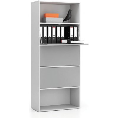 Plan Vysoký kancelářský policový regál LAYERS, 3 boxy, 800 x 400 x 1905 mm, bílá / šedá – Hledejceny.cz