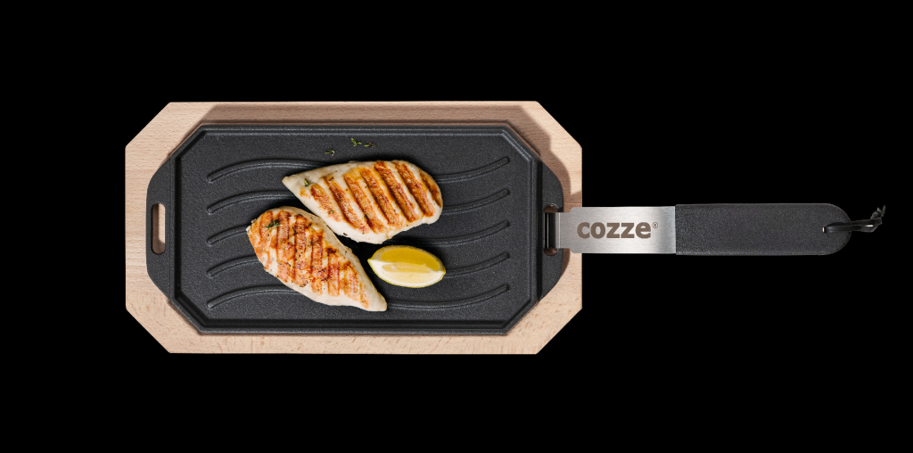 Cozze Litinová pánev s dřevěným tácem 33 x 16,5 cm