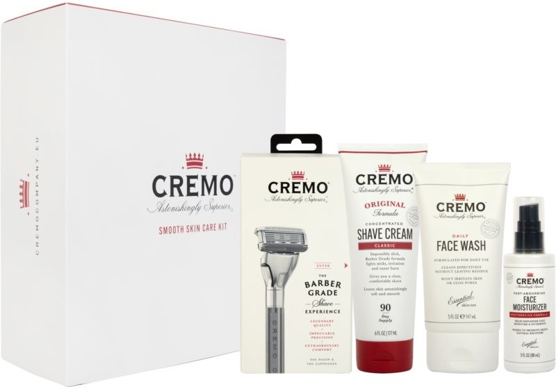 Cremo Smooth Skincare holicí strojek + krém na holení 177 ml + čisticí mýdlo na obličej pro muže 147 ml + obnovující hydratační krém 88 ml dárková sada