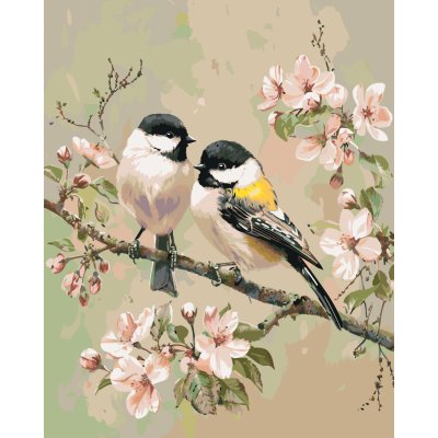 ZUTY SÝKORA A ROZKVETLÁ VĚTEV JABLONĚ Rozměr 40 x 50 cm Rámování vypnuté plátno na rám – Zboží Dáma