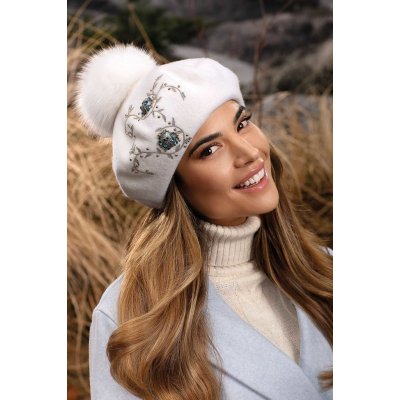 Krumlovanka Bílý baret s bambulí Woolmark W-0826/000 – Zboží Mobilmania