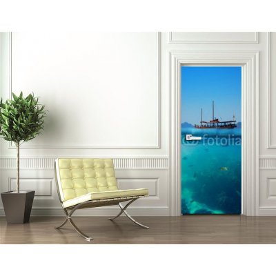 Weblux 61530443 Samolepka na dveře fólie Tropical underwater shot splitted with ship and sky Tropické podvodní výstřel rozdělený lodí a oblohou rozměry 90 x 220 cm – Zboží Mobilmania