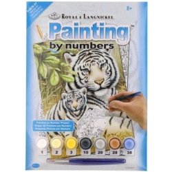 Malování podle čísel Bílí tygři s akrylovými barvami a štětcem na kartě