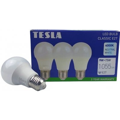 Tesla - LED žárovka BULB E27, 9W, 230V, 1055lm, 25 000h, 4000K teplá bílá, 220st 3ks v balení BL270940-3PACK