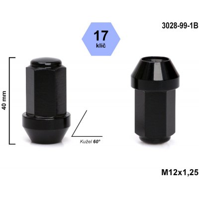 Kolová matice M12x1,25 kužel uzavřená odlehčená, klíč 17 , černá, výška 40 mm | Zboží Auto
