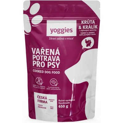650g Yoggies Vařená potrava pro psy – krůtí a králičí maso s dýňovými semínky a kloubní výživou