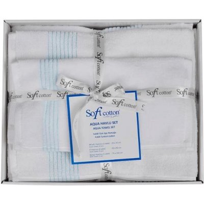 Soft Cotton dárková sada ručníků a osušek Aqua bílá / tyrkysová výšivka 450 gr / m² 2ks malý ručník 33 x 33 cm + 2ks ručník 45 x 90 cm + osuška 75 x 150 cm česaná prémiová bavlna 100%