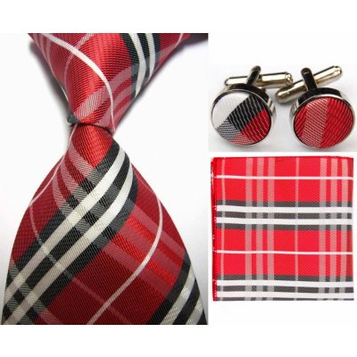 Červeno bílo černý Set kravata kapesník a manžetové knoflíčky Lines – Zboží Mobilmania