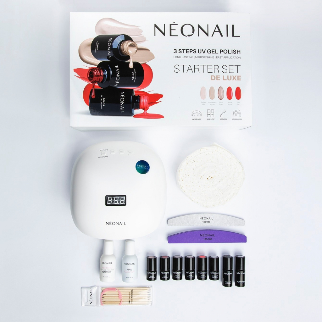 NeoNail Starter Set LED Lamp Display 36W/48 1 ks + Sexy Red gelový lak na nehty 3 ml + Shiny Rose gelový lak na nehty 3 ml + Perfect Milk gelový lak na nehty 3 ml + Aloha Mood gelový