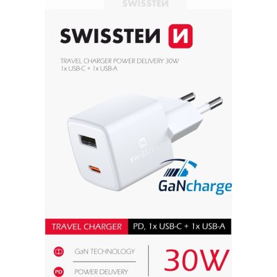 SWISSTEN MINI SÍŤOVÝ ADAPTÉR GaN 1x USB-C + 1xUSB 30W POWER DELIVERY – Zboží Mobilmania