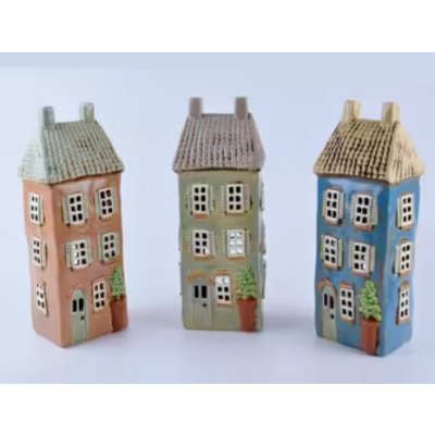 Ego Dekor Keramický domeček na čajovou svíčku SASANKA, svícen DOMEČEK NA NÁMĚSTÍ, barva: staro-růžová/zelená pistáciová/nebeská modrá, výška: 28cm|MyScandi - zelená – Zboží Dáma