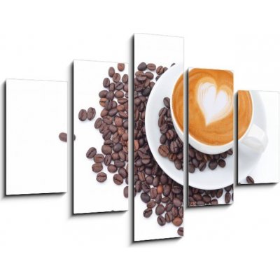 Obraz 5D pětidílný - 150 x 100 cm - A cup of cafe latte and coffee beans on white Šálek kávy latte a kávových bobů na bílém