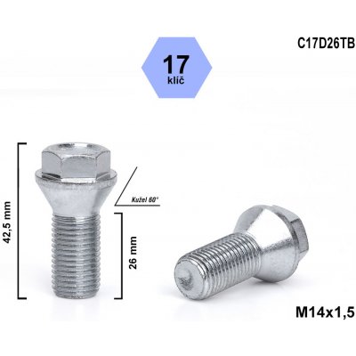 Kolový šroub M14x1,5x26 kužel s krátkou hlavou, klíč 17, C17D26TB, výška 42,5 – Hledejceny.cz