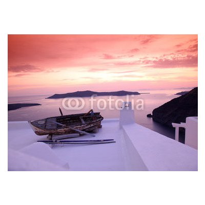 WEBLUX 41448704 Samolepka fólie Santorini with boat on white roof against sunset in Greece Santorini s lodí na bílé střeše proti západu slunce v Řecku rozměry 200 x 144 cm – Zboží Mobilmania