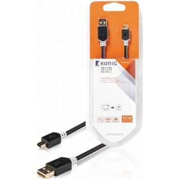 König KNC60300E30 USB 2.0, zástrčka A – mini 5-pin zástrčka, 3m, šedý