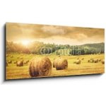 Obraz 1D panorama - 120 x 50 cm - Field of freshly bales of hay with beautiful sunset Pole čerstvých balíků sena s krásným západem slunce – Sleviste.cz