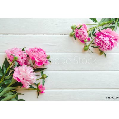 WEBLUX 313371368 Fototapeta plátno Pink peony flowers on white wooden table. womans day or wedding background. Top view. Květy růžové pivoňky na bílém dřevěném stole. Z rozměry 174 x 120 cm – Zboží Mobilmania