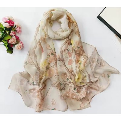 B-Top dámský hedvábný šátek s větvičkami a květy světle hnědý – Zboží Dáma