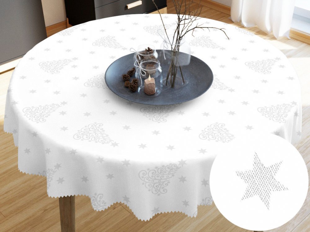 Goldea teflonový ubrus vzor stříbrné vánoční stromečky a hvězdičky kulatý Ø 120  cm | Srovnanicen.cz