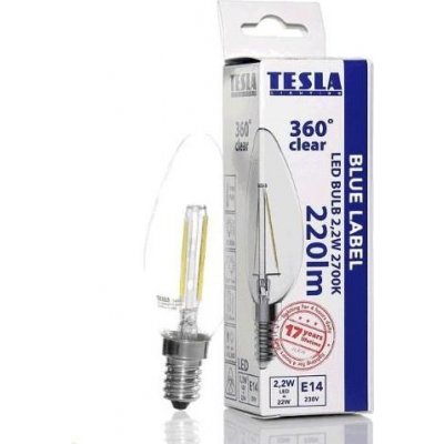 Tesla CL142227-1 LED žárovka CRYSTAL RETRO svíčka E14 2,2W 230V 220lm 25 000h 2700K Teplá bílá