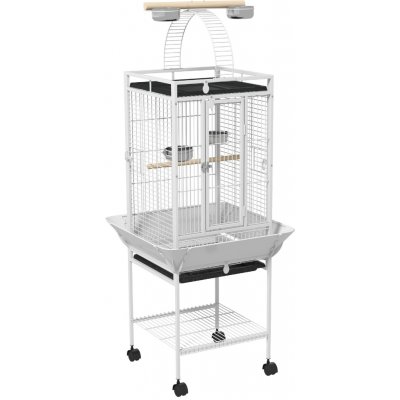 MM Handel Ptačí klec PawHut klec pro papoušky se 3 dvířky 2 bidýlky kolečka otočná o 360° miska na krmivo police hrací plocha 62,5x62,5x156cm bílá – Hledejceny.cz